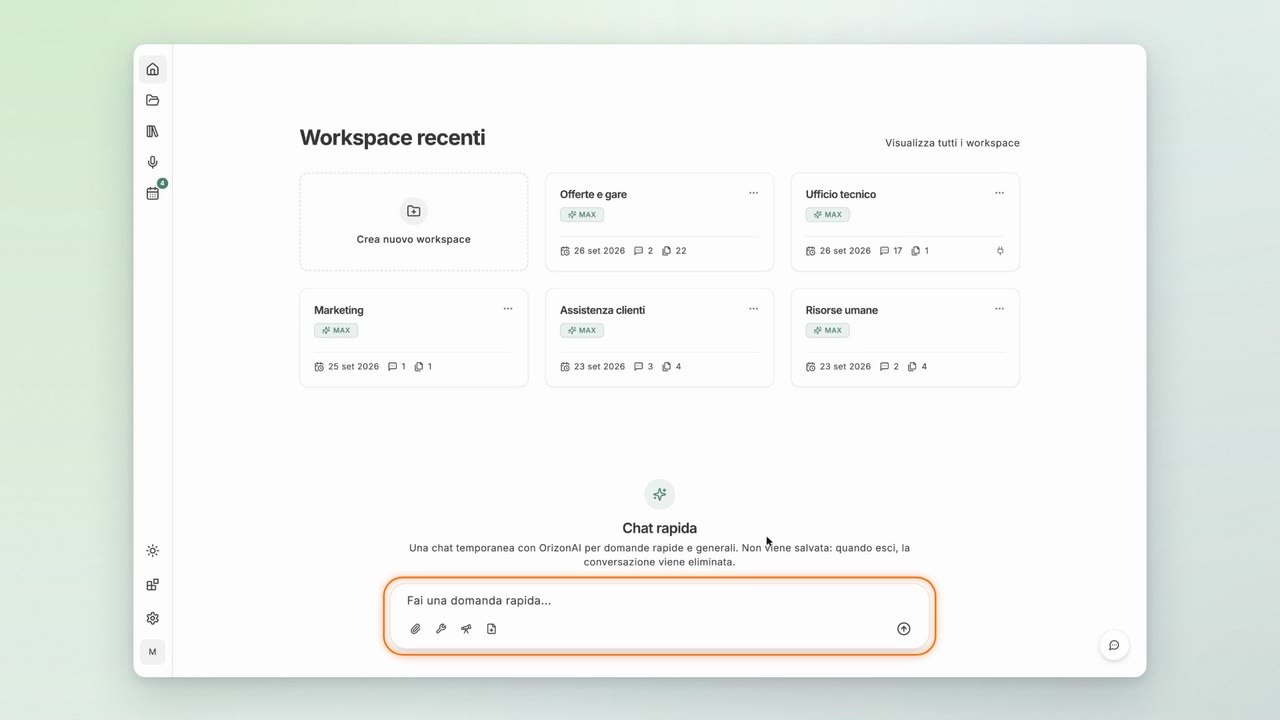 La pagina iniziale di ORIZON 01 con i workspace recenti.