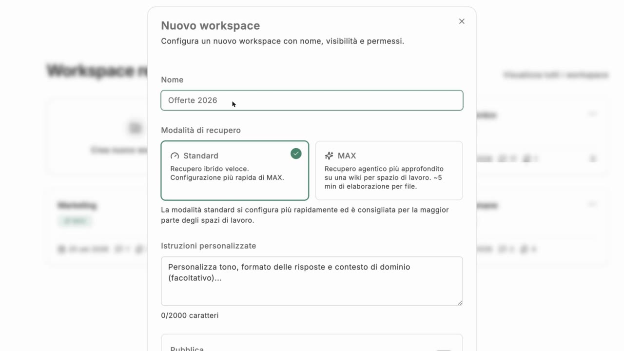La finestra «Nuovo workspace» con la modalità di recupero.